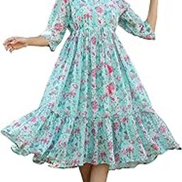 Women's Turquoise Georgette Floral Printed Tiered Dress-image-62