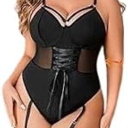Plus Size Mesh Bodysuit with Corset Detail and Garter Straps, Black, XL-image-8