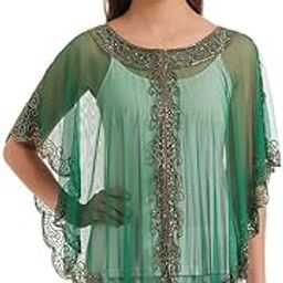 Women's Net Hand Bead Embroidery Designer Short Cape Poncho C-27 (Free size, Green)-image-95