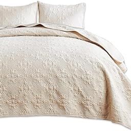 Indigo & Poppy Bedspreads Double Size 3-Pieces Soft Lightweight Vintage Flower Pattern Bedspread - Breathable Polyester Ultrasonic Quilting Technology Coverlet Set with Pillow Shams, Ivory 228x243cm-0