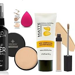 MISS DOLL Beauty 6 In 1 Combo Kit - Foundation,2in1 Contour Stick, Liquid Concealer, Puff, Compact Powder & Makeup Fixer (Setting Spray) - Ideal for Face Makeup - Complete Makeup (NEW)-33