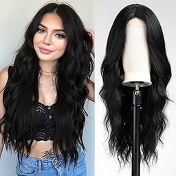 Long Black Wavy Wigs for Women, Curly Wig with Middle Parting Heat Resistant Fiber Wig for Daily Use-image-26