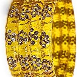 Traditional Glass Bangles Set with Crystal Flower Design Pieces of 4 For Women (Musturd-Yellow, 2.8)-image-53