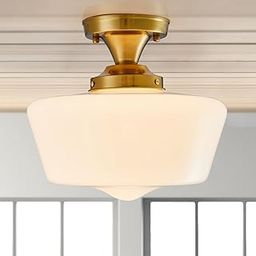 Modern Gold School House Ceiling Light, Semi Flush Mount Ceiling Light, 12" Wide Opal Milk Glass Shade Classic Brass Light for Bedroom,-12