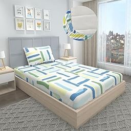 Blue Strip 220TC Glace Cotton Elastic Fitted Bedsheets Single Bed with 1 Pillow Cover | Single Bed with All Around Elastic, Size 36 X 72 Inches (Green Line)-image-79