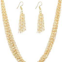 Gold Tone Ethnic Multistrand Pearls Necklace & Earring Set For Women-ZPFK12744-image-33