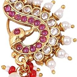 Women Gold Plated Stone & Kundan Peacock design Mahrastrian Nath-image-46