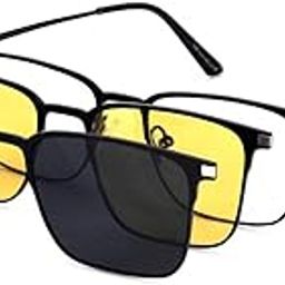 Unisex Rectangle Spectacle Frame With Magnetic Lens - 3 in 1 Clip-on Polarized Lens, Metal Frame, Non-Spring Hinges, Attachment Goggles for Men & Women - Black-image-80