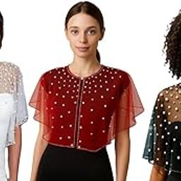 RABBA Women's Capelet Shrug Set of 3 – Red, Black & White Net with Pearl & Beaded Embellishments | Ethnic Poncho Capes for Saree, Suit & Layering-image-128