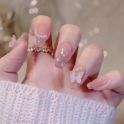 24 Reusable Artificial Fake Nail Set| 3D Butterfly And Pearl With Glitter Design Glossy Nails| Lightweight & Long Lasting| Quick Fix For Festivals & Special Occasions-51