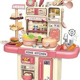 Jack Royal Playing Home Kitchen Set with Gas Sound & Light, Running Water,Cooking Stove with Steam,Includes Mini Utensils, Interactive Cooking Pretend Play Set for Kids Girls & Boys (Pink)-17