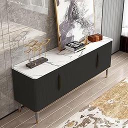 zolowood Sonic Console Table, White Marble Top, Charcoal Louvers, Gold Accents, 66 x 15 x 22 Inch, Modern Entryway Storage Cabinet, Waterproof Plywood, PVD-Coated Legs, Elegant TV Unit (Black)-image-93