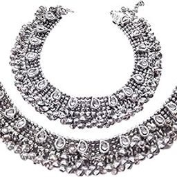 FemmibellaTraditional Silver Plated Articifial Stone Studded Ghungroo Anklet | Bridal Payal For Women-1