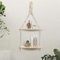 ACN Kohinoor Boho Macrame Indoor Wall Hanging Shelf 2-Tier Floating Wooden Book Shelves Rustic Rack Decor for Bedroom Living Room Nursery Party Decoration 35 x 80cm, Off-White, 1-Piece-image-30