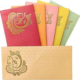Jhintemetic® - Pack of 25 Matellic 5 Colours of 5 Each Randomly Picked Colourful Designer Shagun Lifafa/Money Gift Envelope with Golden Ganesha for Gifting Money on any occasion-0