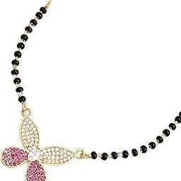 18K 1gm Micron Gold Plated Anti Tarnish Hypoallergenic Stylish Butterfly 925 Sterling Silver Swiss Zirconia Black Beads Mangalsutra | Tanmaniya | Chandi Pendant Chain Necklace | Gift for Women-image-64