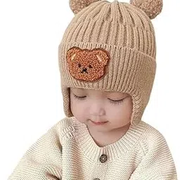 gajraj Baby Boys Girls Super Cute Warm Woolen Winter Skull Beanie Cap with Ear Flaps Girls Boys Warm Hats Cute Beanies for Kids with Teddy Bear Embroidery (Age: 6 Months to 6 Years)-picture-3