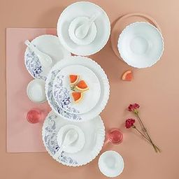 Larah by Borosil Blue Eve Silk Series Opalware Dinner Set | 35 Pieces for Family of 6 | Microwave & Dishwasher Safe | Bone-Ash Free | Crockery Set for Dining & Gifting | Plates & Bowls | White-133