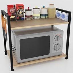 BMR House Ware 2-Tier Mild Steel Microwave Oven Stand Extra Storage Rack for Kitchen, Coffee Bar, Countertop, Double Platform with Hooks Microwave OTG Stand for Kitchen Counter (Black & White (Ivory))-29