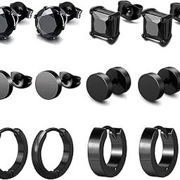 K&Q 6 Pairs Black Stainless Steel CZ Stud Earrings Hoop Earrings Set Huggie Hoop Ear Piercing for Woman/Men/Teen Girls and Boys Gift-image-45