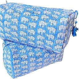 Jaipur Textiles, Hand Block Printed Cotton wash Bags, Toiletry Bags, Cosmetic Pouches, Makeup Kit, Travel Pouches, Vanity Bags | Qty - Set of 2PCS (Elephant Print-Blue)-image-26