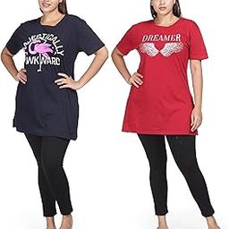 Hosiery Cotton Long T-Shirt | Night Gown | Combo Plus Size Tunics Comes with Attractive Graphic Print & Pocket on The Right Side (9SLT-Combo)-3