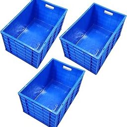 Xela Multipurpose Heavy Duty Big Blue Portable Plastic Crate | Crates for storage | Shelf Basket for Large Storage Bin | Vegetable | Fruit | Fish | Milk Size-60x40x32 Centimeters | Set Of 3-image-33
