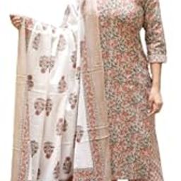 Womens's Attractive Floral Print Cotton Anarkali Kurta Palazzo & Dupatta Suit Set-image-68