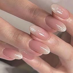 Kriga 24 Reusable Artificial Fake Nail Set| Peach Glitter Gradient Medium Almond Shape Glossy Press On Nails| Lightweight & Long Lasting| Quick Fix For Festivals & Special Occasions-77