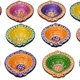 Collectible India Clay 12 Diyas Diya Deepak Earthen Assorted Colorful Set - Diwali Decoration Puja - Handpainted Diya for Home Indoor Outdoor Diwali Design Handmade Mix Color (Set of 12)-image-6