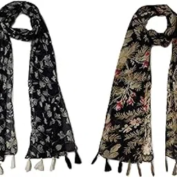stolevilla ™ Women's Printed Chiffon Multicolored Scarf and Stoles with Tassels - Set of 2 (ST056)-picture-2