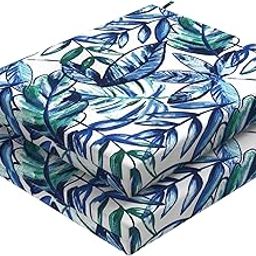 DYTXIII Set of 2 Outdoor Chair Cushions with Ties, Water Resistant Square Dining Seat Cushions for Home Porch Chairs and Patio Furniture Decoration 18.5"x16"x2"-Leaves Ink Blue-13
