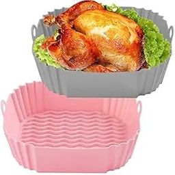 2 Pack Air Fryer Liners I Square Silicone Basket Baking Tray I Pot with Ear Handles I Reusable Nonstick Heat Resistant I Cooking Oven Insert Accessories | Grey, Pink Colour-22