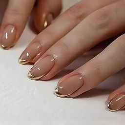 Kriga 24 Reusable Artificial Fake Nail Set| Peach Color With Golden Round On Tip Short Round Oval Shape Glossy Press On Nails| Lightweight & Long Lasting| Quick Fix For Festivals & Special Occasions-image-0