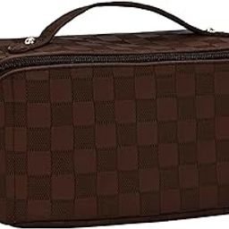 Travel Makeup Bag,Large Capacity Cosmetic Bags for Women, Waterproof Portable Pouch Open Flat Toiletry Bag Make up Organizer with Divider and Handle, Multi Color (Brown - Checkered)-image-79