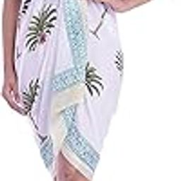 Women's Palm Tree Printed Sarong Wrap Sarong Bikini Cover Up Cotton Beach Wear Dress (White)-1