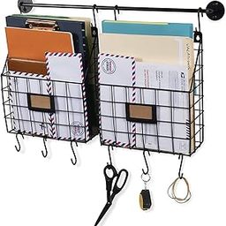INDIAN DECOR Wall File Holder Multi Purpose Wall Mount Hanging Folder Mail Organizer with Rail 2 Metal Wire Baskets Hooks Rustic Industrial Style Black-image-1