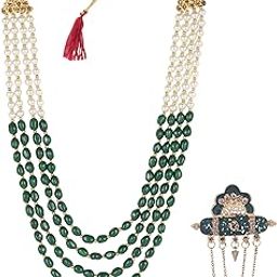 4 Layered Traditional Gold Plated Dulha Moti Mala with Beaded Maharaja Haar/Groom Necklace With Brooch For Men-image-11