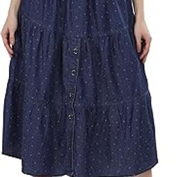 Women's Navy Blue Polka Dot Tiered Midi Skirt with Button Front | Skirt for Woman | Denim Skirt for Women Long, Size 28-36-image-17