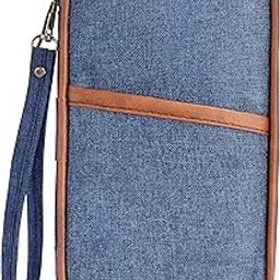Family Passport, Cards, and Checkbook Holder Organizer in Linen PVC for Men & Women - Blue & Tan OG06-B-28