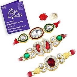Iconic Kundan Rakhi Combo & Designer Gold Plated Premium Rakhi for Brother, Roli Chawal & Greeting Card|Rakhi for Bhaiya|Rakhi for MEN|Kundan Rakhi|Rakhi Combo-Set of 3 |CBRAK82927-image-2