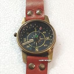 Line Wood Brass Sundial Compass Watch with Brown Leather Band, 5 cm Diameter, 360-Degree Rotating Bezel (Antique Black Watch)-75