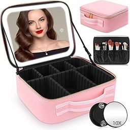 RRtide Makeup Bag with Mirror of LED Lighted, Travel Makeup Train Case Cosmetic Bag Organizer with Adjustable Dividers, Makeup Case with Mirror and Detachable 10x Magnifying Mirror, Pink, Makeup Train Case With Mirror-15