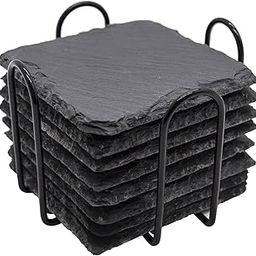 Store2508 Drink Coasters with Holder, 8 Pieces Square Slate Stone Coasters 4 Inch Handmade Coasters for Bar and Home, Black-24