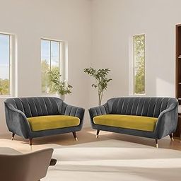 TANAVE Nayra 3+2 Seater Chesterfield Sofa Set | Luxurious Yellow & Black Velvet | Channel Tufted Back | Solid Sal Wood Frame | for Living Room, Bedroom, Home Office | Pre-Assembled-25