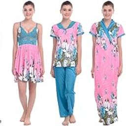 Women's Satin Printed Nighty Set with Robe - Pack of 5-43