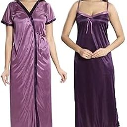 Satin 2 Pcs. Mix Match Nighty Set,Nighty & Robe (House Coat) for Girl/Women's (Purple & Wine)-image-12