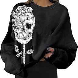 Halloween Sweatshirt Costume Clothing Tops for Women Black Skull Rose M-image-31
