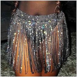 Jemiwa Rhinestone Fringe Belt Skirt Black Sparkly Tassel Body Chain Wrap Skirts Crystal Belly Dance Hip Scarf Rave Belts Outfit for Women-image-15