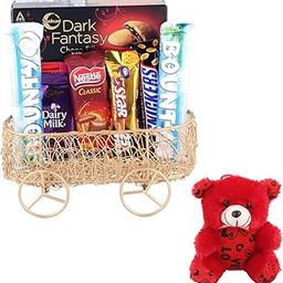 SFU E Com Chocolates Gift Hamper With Metal Cart | Valentine Teddy Bear With Chocolate Combo | Valentine Chocolate Hamper | 615-12